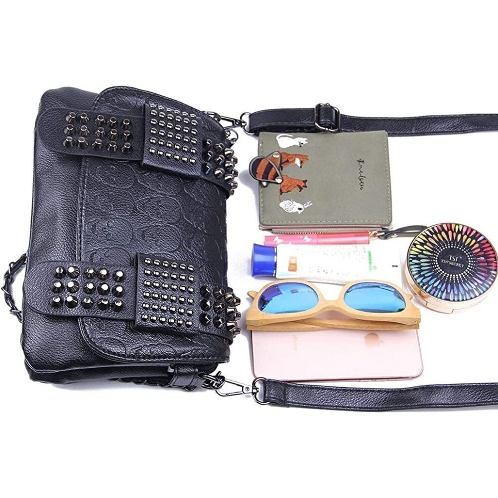 Black Leather Skull Crossbody Bag Chain Gothic Shoulder Biker Rocker Studded NWT - Picture 5 of 11